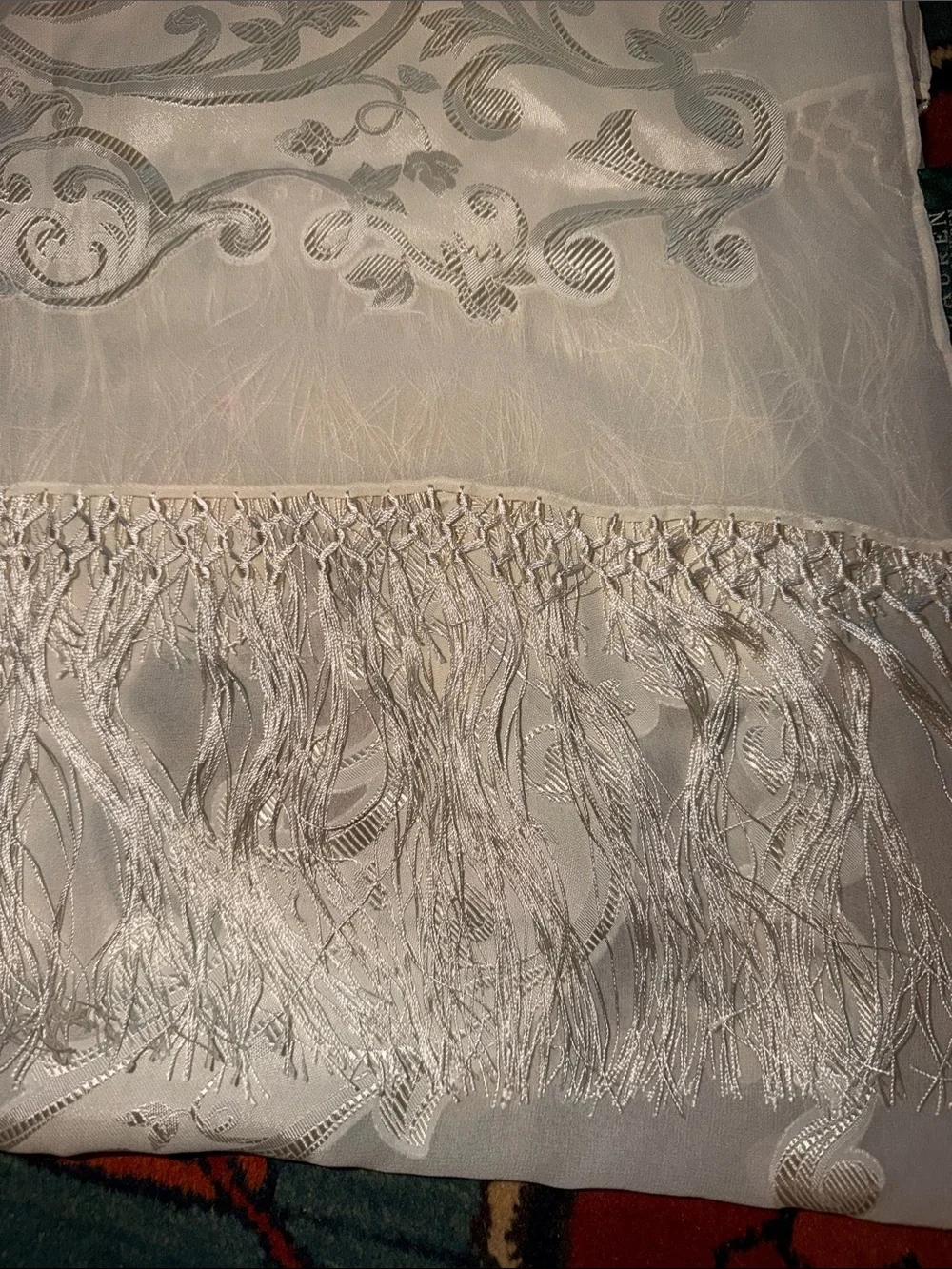Vtg Ralph Lauren Ivory Silk Blend Embroidered Monogram Fringe Shawl Scarf Wrap